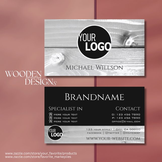Modern Black White Wood Grain Wooden Boards Logo Business Card (Creator Uploaded)