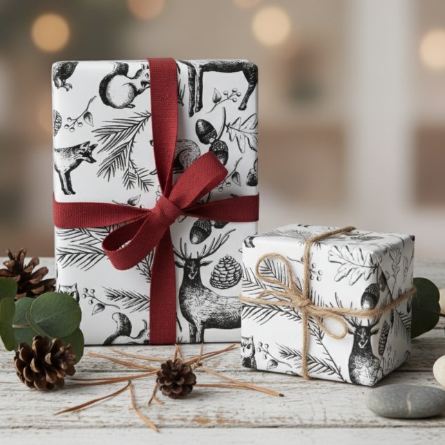 Modern Black & White Woodland Animals Hand-Drawn Wrapping Paper (Modern Black and White Winter Forest Animals Holiday Wrapping Paper for Christmas or Woodland Party)