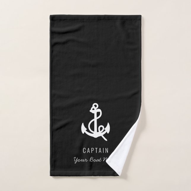 Modern black white Your Boat Name Anchor  Hand Towel (Hand Towel)