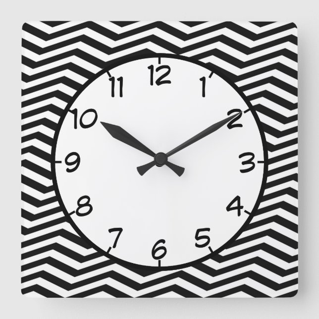 Modern Black White Zig Zag Chevron Stripe Pattern Square Wall Clock (Front)