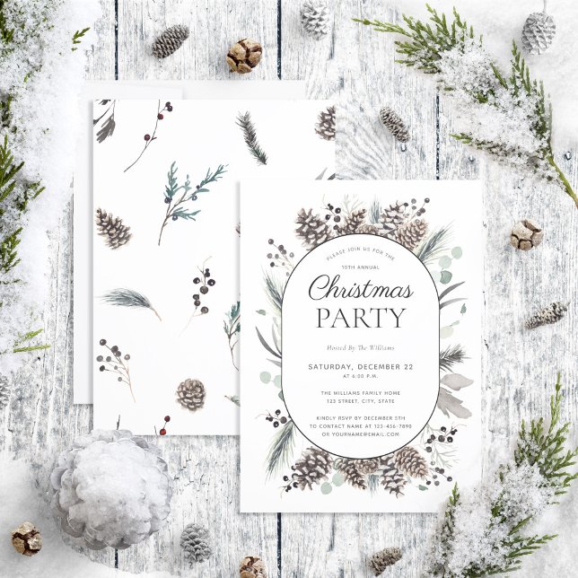 Modern Black Winter Pinecone Christmas Party Invitation (Creator Uploaded)