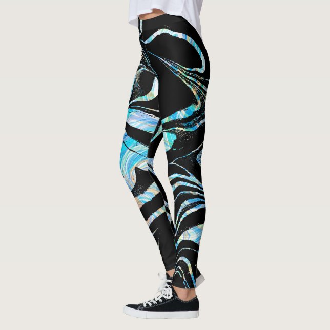 Modern Black With Colourful Marble Swirls Leggings (Left)