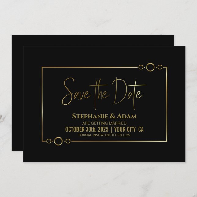 Modern Black with Gold Frame Wedding Save the Date (Front/Back)