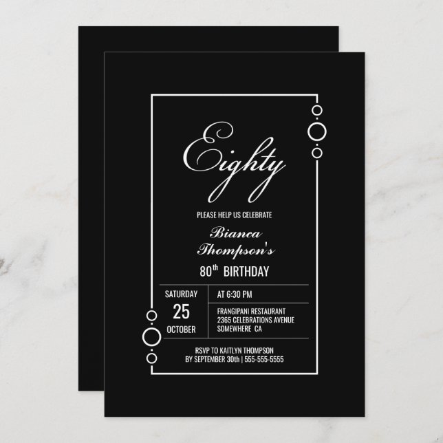 Modern Black with White Border 80th Birthday Party Invitation (Front/Back)