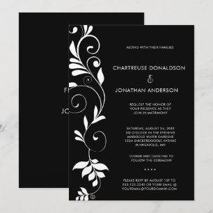 Modern Black with White Botanical Vines Wedding Announcement
