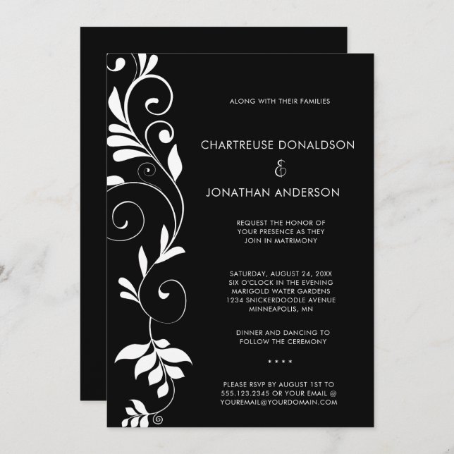 Modern Black with White Botanical Vines Wedding | Announcement (Front/Back)