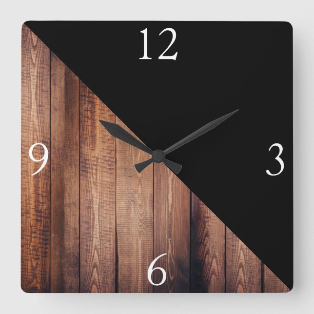 Modern Black & Wood Planks Square Wall Clock (Front)