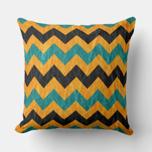 Modern Black Yellow Aqua Chevron Leather Cushion