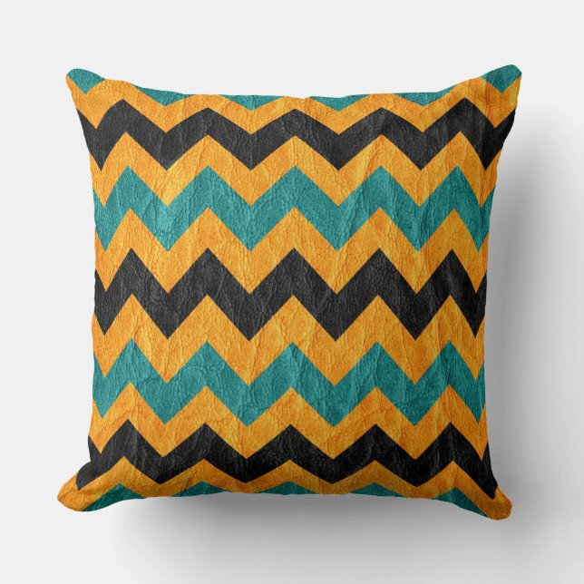 Modern Black Yellow Aqua Chevron Leather Cushion (Front)