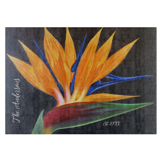 Modern Black Yellow Floral Birds Paradise Name Cutting Board (Front)