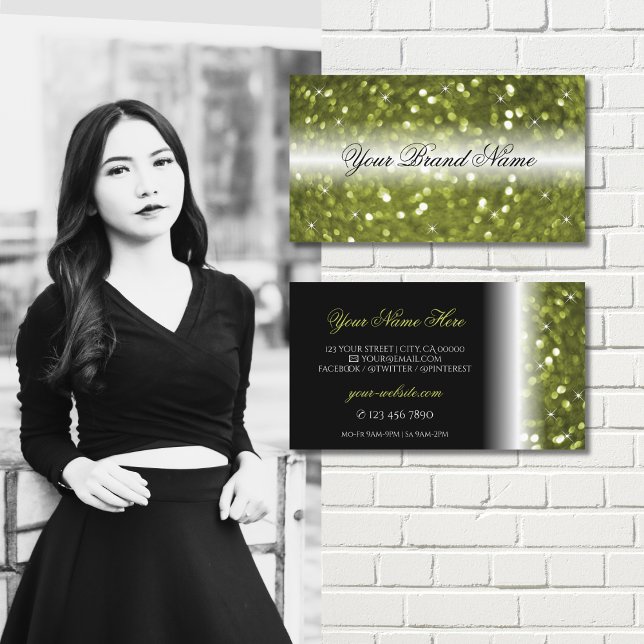 Modern Black Yellow Green Sparkle Glitter Stylish Business Card (Creator Uploaded)