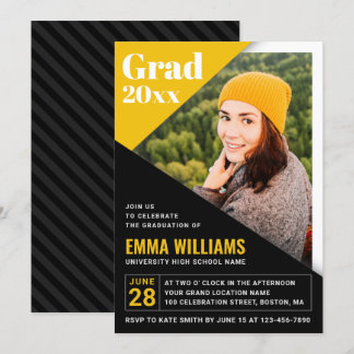 Modern Black Yellow | Photo Graduation Party Invitation