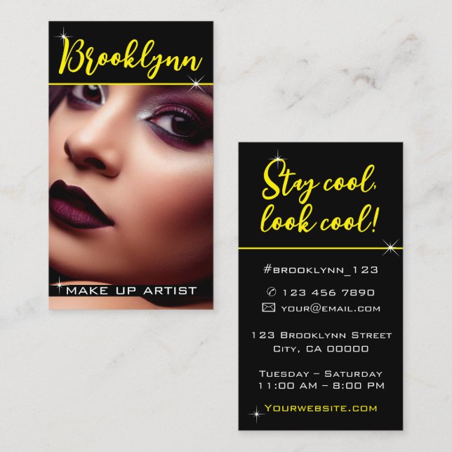 Modern Black Yellow Slogan with Photo Image Luxury Business Card (Front/Back)