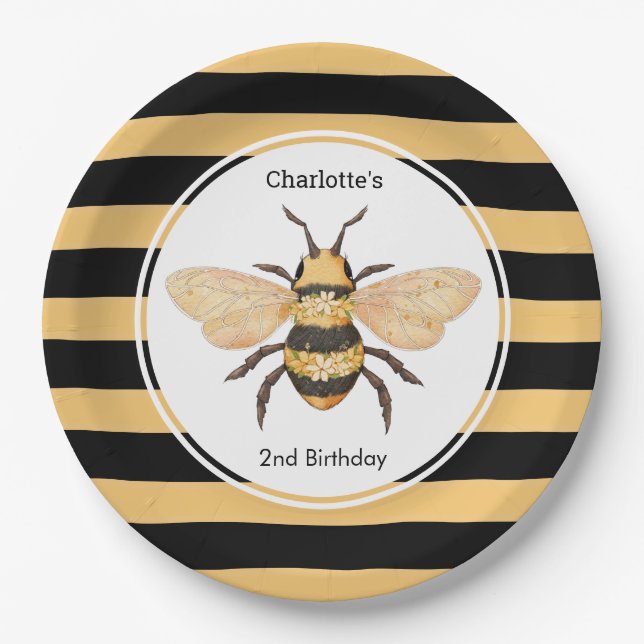 Modern Black Yellow Stripes Bee Birthday Party Paper Plate (Front)