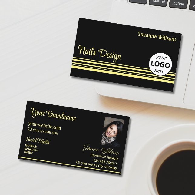 Modern Black Yellow Stripes with Logo and Photo Business Card (Creator Uploaded)