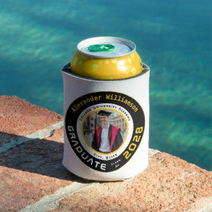 Modern Black Yellow White Graduation Photo Party Can Cooler