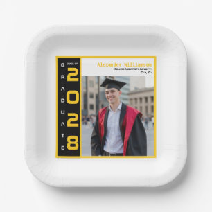 Modern Black Yellow White Graduation Photo Party Paper Plate