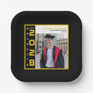 Modern Black Yellow White Graduation Photo Party Paper Plate