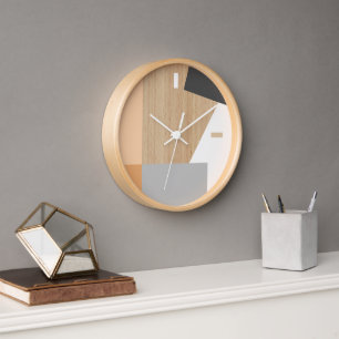 Modern Block Stripes Pattern Art On Faux Woodgrain Clock