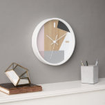Modern Block Stripes Pattern Art On Faux Woodgrain Clock<br><div class="desc">Modern white, dark and light grey, and pastel pale rose blush pink block pattern on a light beige tan coloured faux wooden background. Classic retro chic, elegant yet simple basic design for the artistic home décor fashion designer, popular hip trendsetter, whimsical midcentury style motif lover. Available on original, classy, fun...</div>