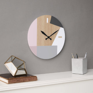 Modern Block Stripes Pattern Art On Faux Woodgrain Large Clock