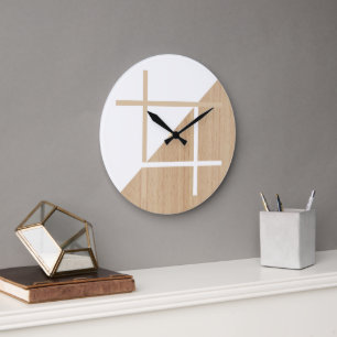 Modern Block Stripes Pattern On Faux Wooden Large Clock