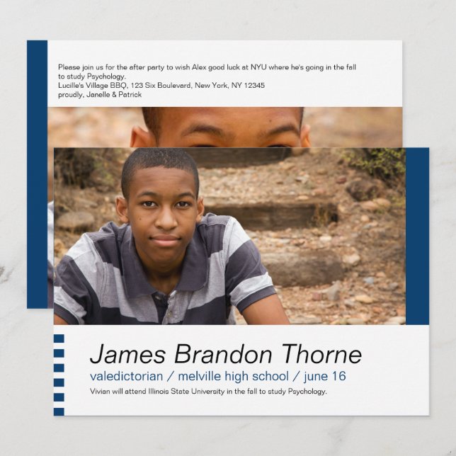 Modern Blocks in Blue 2 Photo Graduation Invite (Front/Back)