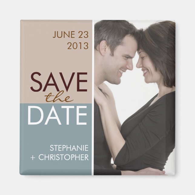 Modern Blocks Save the Date Blue & Brown Magnet (Front)