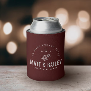 Modern Bloom Wedding Monogram   Burgundy Can Cooler