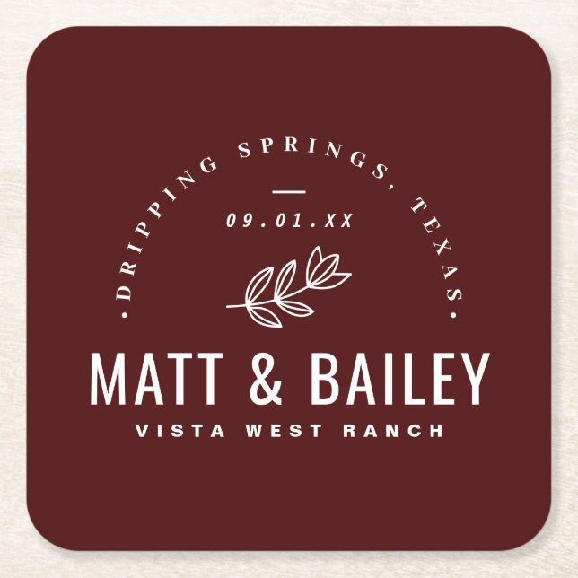 Modern Bloom Wedding Monogram | Burgundy Square Paper Coaster (Front)