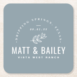 Modern Bloom Wedding Monogram Dusty Blue Square Paper Coaster