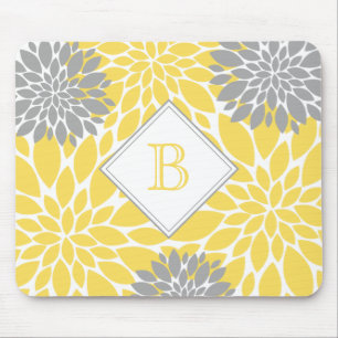Modern Blooms, Initial Monogram, Yellow Grey Mouse Pad