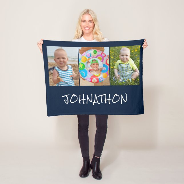 Modern Blue 3 Photo Collage Name Fleece Blanket (In Situ)