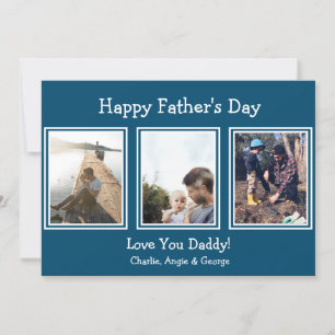 Modern Blue 3 Photo Happy Father's Day Holiday Card