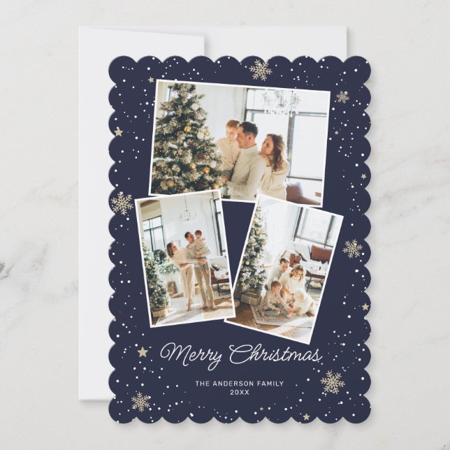Modern Blue 3 Photo Snowflake Christmas Card (Front)
