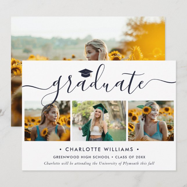 Modern Blue 4 Photo Collage Script Graduation Announcement (Front/Back)