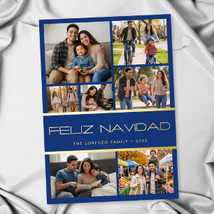 Modern Blue 7 Photo Collage Feliz Navidad Holiday Card
