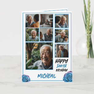 Modern Blue 8 Photo Collage 100th Birthday Card