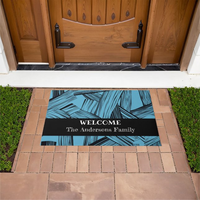 Modern Blue Abstract Family Name Welcome  Doormat (Outdoor)