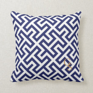Modern blue abstract geometric patterns monogram cushion
