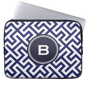 Modern blue abstract geometric patterns monogram laptop sleeve