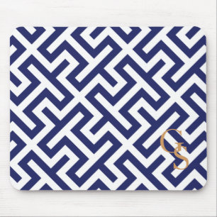 Modern blue abstract geometric patterns monogram mouse pad