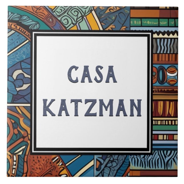 Modern Blue Abstract House Name Plate Sign Ceramic Tile (Front)