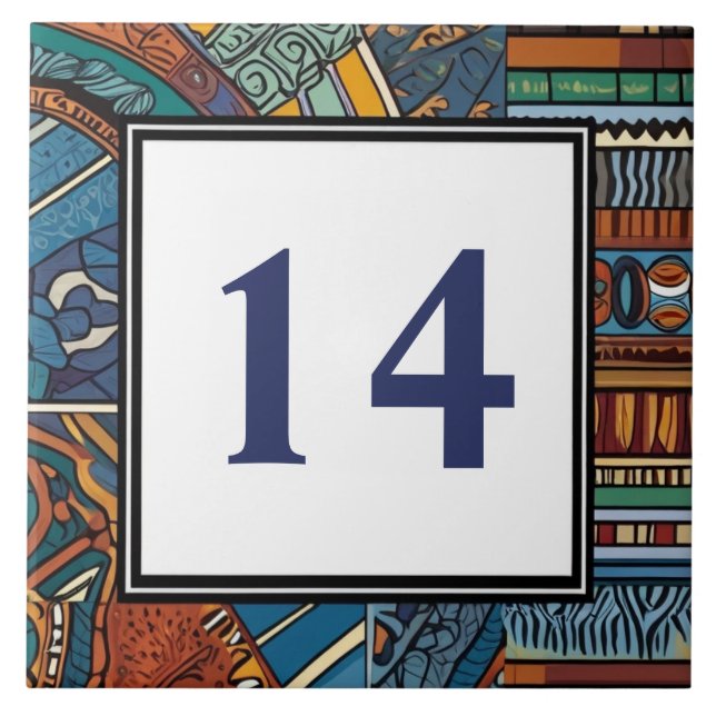 Modern Blue Abstract House Number Sign Plaque Ceramic Tile (Front)