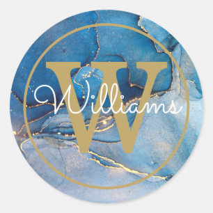 Modern Blue Agate Geode Gold Monogram Script Classic Round Sticker