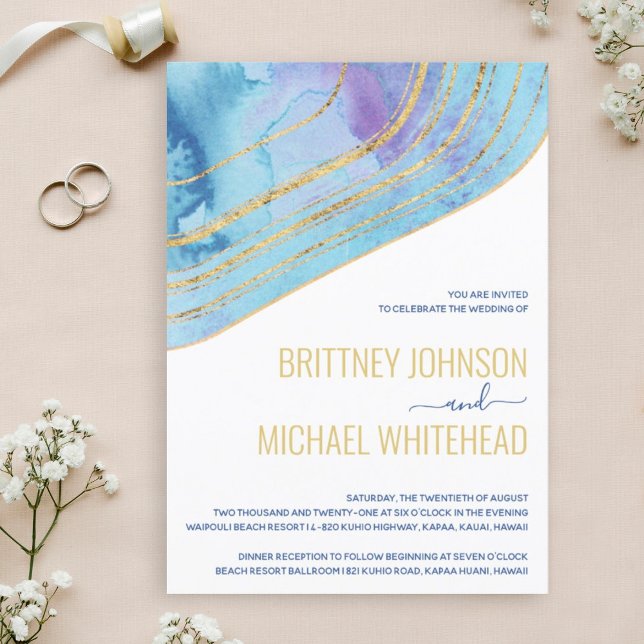 Modern Blue Agate Gold Foil Wedding Invitation (Creator Uploaded)