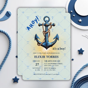 Modern Blue Ahoy! Anchor Nautical Baby Shower Invitation