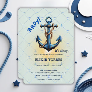 Modern Blue Ahoy! Anchor Nautical Baby Shower Invitation