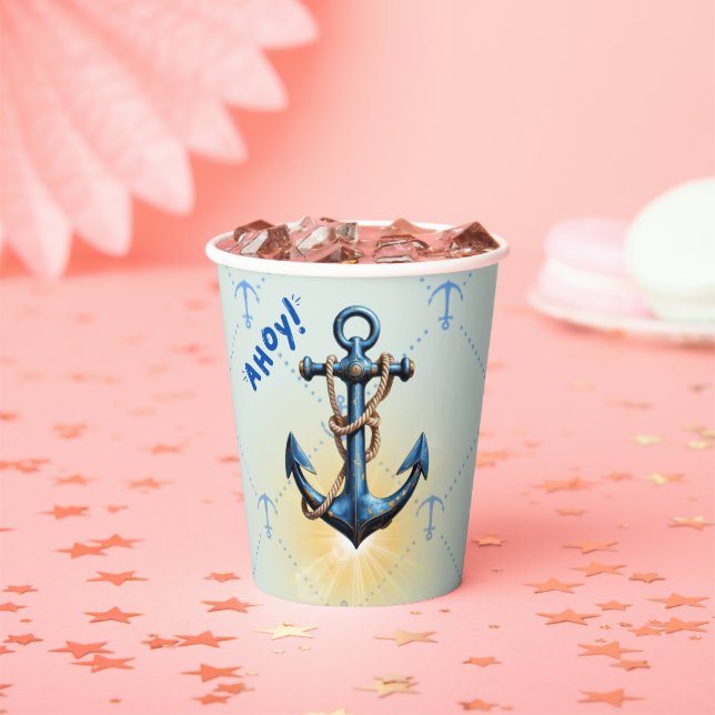 Modern Blue Ahoy! Anchor Nautical Baby Shower Paper Cups (Insitu)
