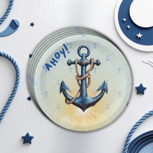 Modern Blue Ahoy! Anchor Nautical Baby Shower Paper Plate